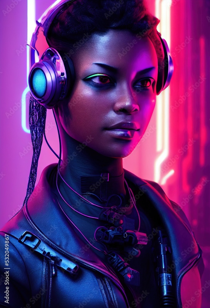 A fictional portrait of a ebony girl wearing a cyberpunk headset and ...