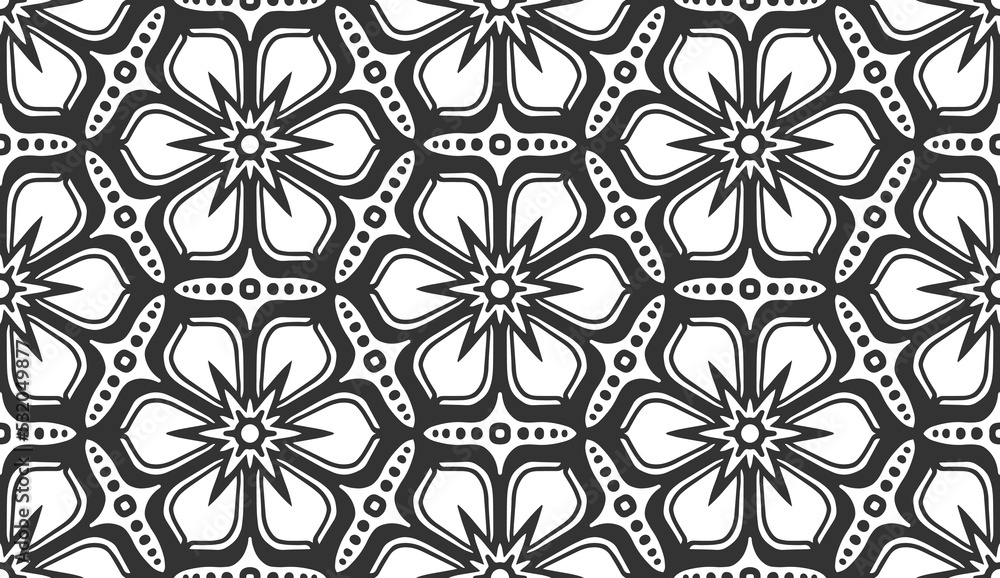 Seamless flower pattern. Abstract geometric floral black and white texture. Vintage fashion fabric ornament, carpet, wallpaper, packaging wrapping paper print. Monochrome lace hexagonal tile design Seamless flower pattern. Abstract geometric floral black and white texture. Vintage fashion fabric ornament, carpet, wallpaper, packaging wrapping paper print. Monochrome lace hexagonal tile design