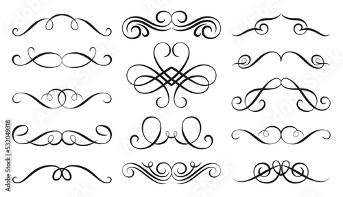 Swirl retro ornament linear set. Vintage flourish ornate border. Victorian style filigree line curl. Decorative design elements for greeting invitation card, labels tags. Text divider, page delimiter