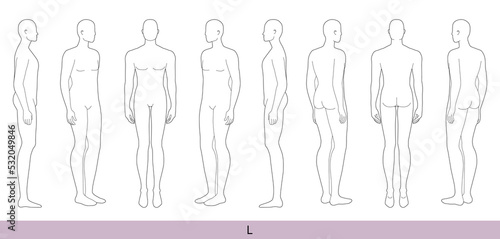 Set of L Size Men Fashion template large 9 head size Croquis Gentlemen model figure front, side, 3-4, back view. Vector isolated sketch outline boy for Fashion Design, Illustration, technical drawing