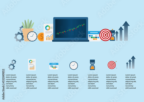 vector illustration flat design long term investment, growth profit, financial investment, money management, investment planning, data stock analysis, financial planning infographic