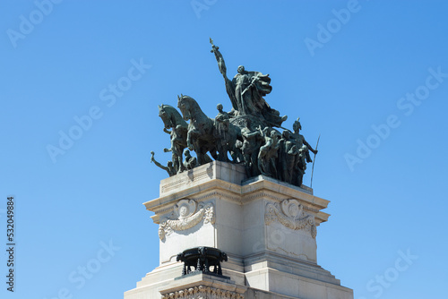 Top of the Monument to the Independence of Brazil front view inside the Independence Park (Parque da independência), with a beautiful blue sky, São Paulo, Brazil 