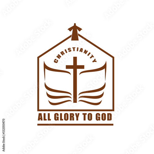 Christianity religion icon with Bible and cross. Christian church or confession thin line vector symbol. Christianity symbol o emblem with sacred book and Jesus Christ silhouette