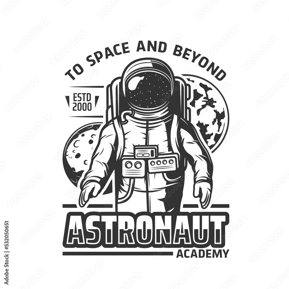 Astronaut academy icon, vector emblem with cosmonaut in space suit. Galaxy researcher monochrome label, spaceman in armor and stars reflection in glass helmet, moon and earth planets in Universe Astronaut academy icon, vector emblem with cosmonaut in space suit. Galaxy researcher monochrome label, spaceman in armor and stars reflection in glass helmet, moon and earth planets in Universe