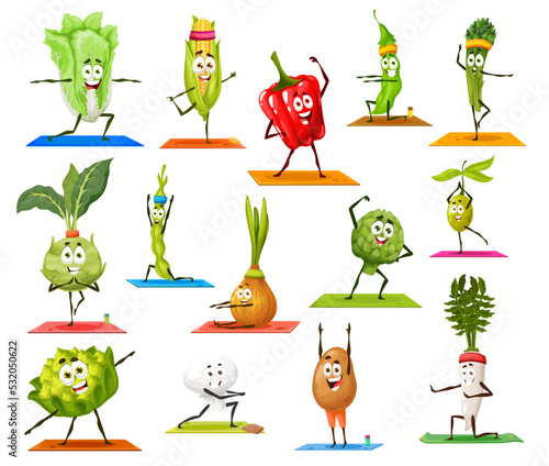 Cartoon vegetable characters on yoga and pilates fitness sport. Vector sportsmen onion, potato, bell pepper and radish, olive, beans and cauliflower with champignon or kohlrabi veggies healthy life