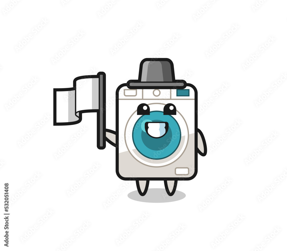 Cartoon character of washing machine holding a flag Cartoon character of washing machine holding a flag