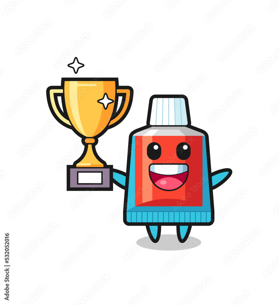 Cartoon Illustration of toothpaste is happy holding up the golden trophy Cartoon Illustration of toothpaste is happy holding up the golden trophy