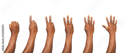 Set of counting black hands isolated on white background. Counting from 0 to 5