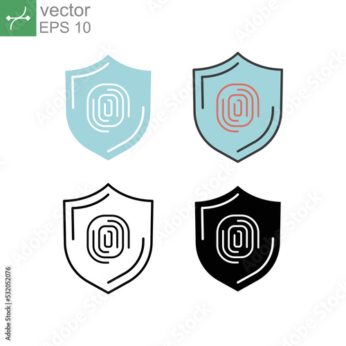 Human Finger print and shield for safe cyber security in biometric identification technology. Thumbprint. Fingerprint security icon, protection. Vector illustration. Design on white background. EPS10