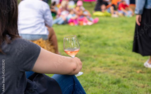 Back view of a seated female figure with a glass of wine in her hand at a picnic photo