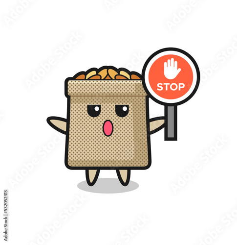 wheat sack character illustration holding a stop sign