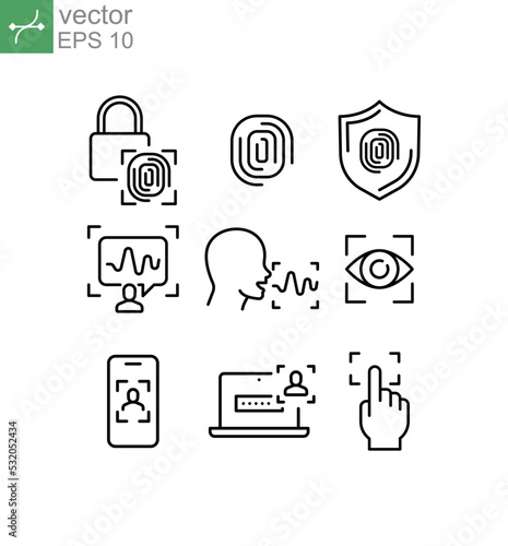 Cyber security fingerprinting, padlock fingerprint, voice, face recognition, retina check. Simple Set of Biometric Related Vector Line Icons. Vector illustration. Design on white background. EPS10