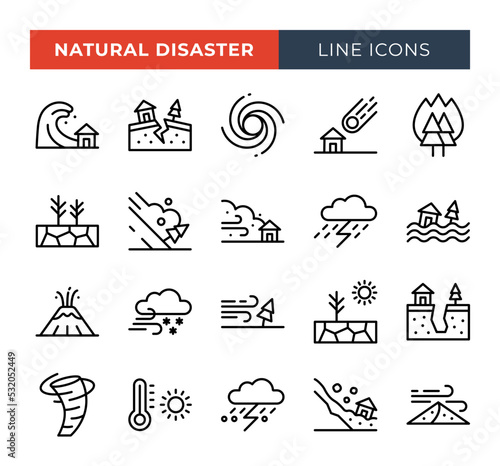 Fotografiet Natural disaster line icons set. Vector line icons.