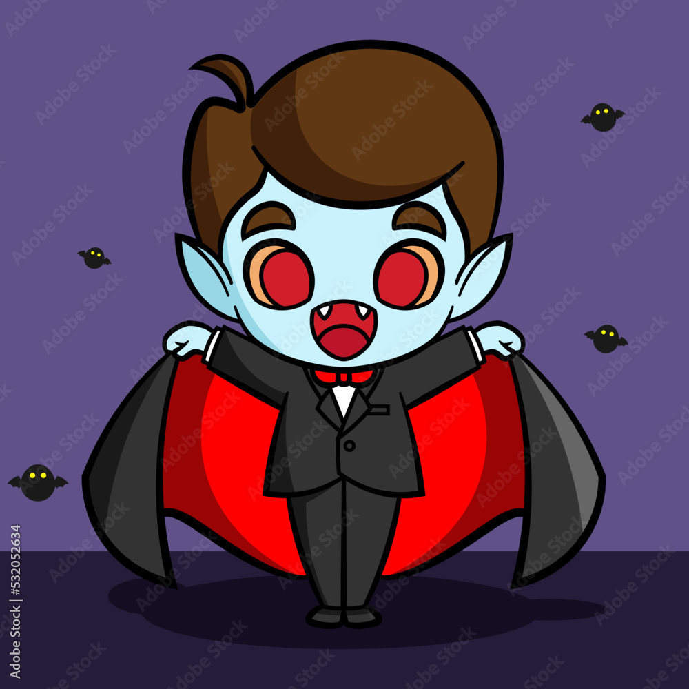 Cute Dracula. Funny and cute Halloween cartoon Vector illustration. Vector cartoon Halloween. Cute Dracula