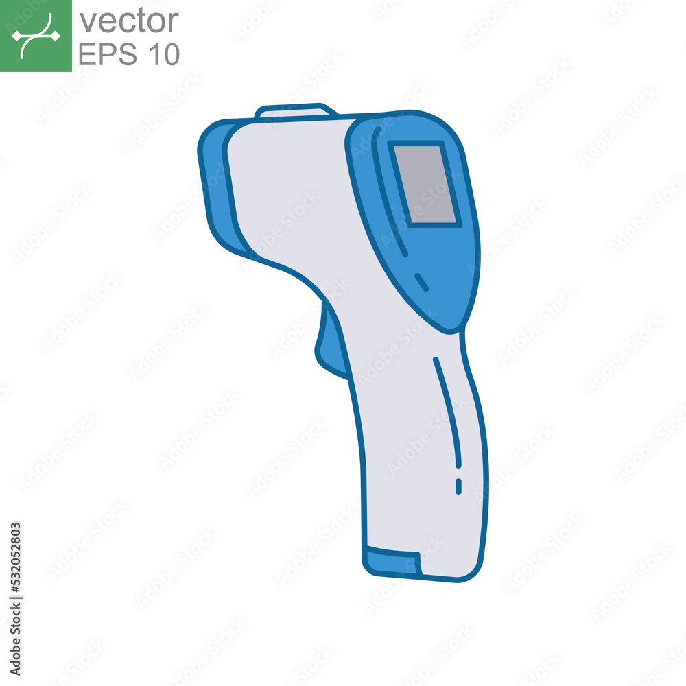 Non contact infrared sensor thermometer for body temperature check. Laser thermometer. thermogun icon, temperature, check, body, fever. Vector illustration. Design on white background. EPS10 Non contact infrared sensor thermometer for body temperature check. Laser thermometer. thermogun icon, temperature, check, body, fever. Vector illustration. Design on white background. EPS10