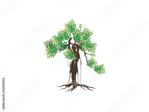 Abstract banyan tree logo. Unique Tree Vector illustration with  woman shape.  