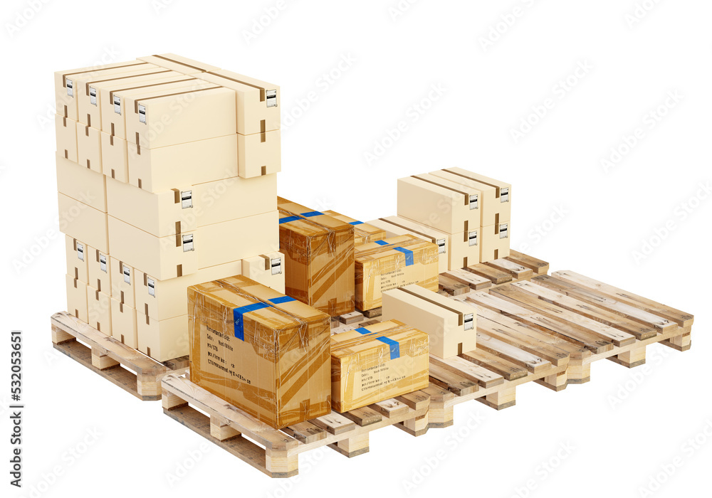 Warehouse boxes. Various boxes on wooden pallets. Pallets for storing products. Pallets with parcels isolated on white. New and old boxes are prepared for transport. Logistics cargo concept. 3d image Warehouse boxes. Various boxes on wooden pallets. Pallets for storing products. Pallets with parcels isolated on white. New and old boxes are prepared for transport. Logistics cargo concept. 3d image