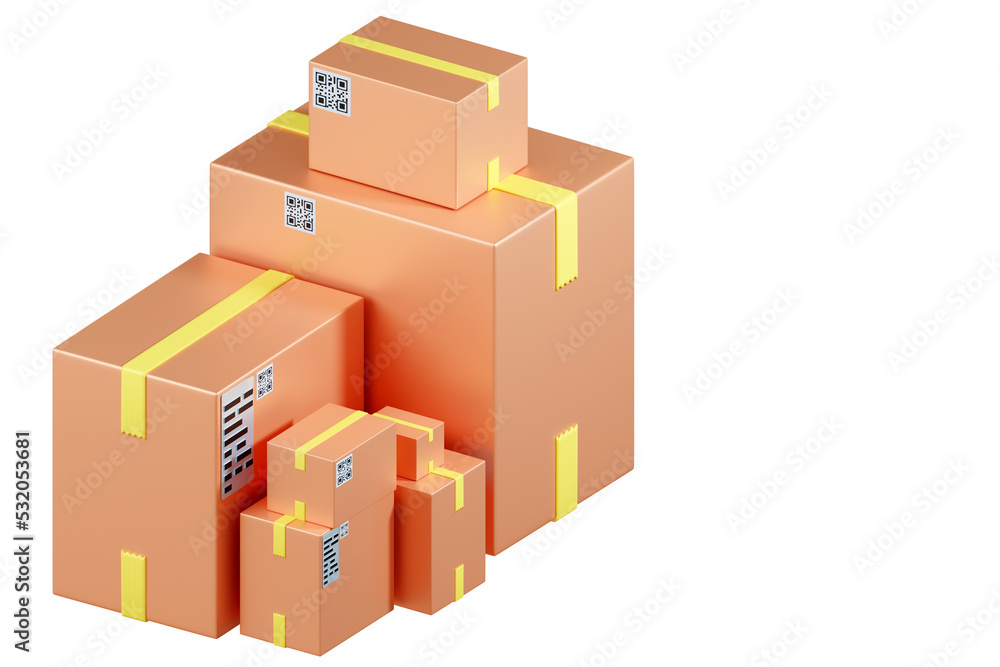 Fototapeta premium Courier boxes. Several cardboard boxes of different sizes. Stickers with QR code for product tracking. Parcel delivery service concept. Courier boxes isolated.Courier business. 3d rendering.