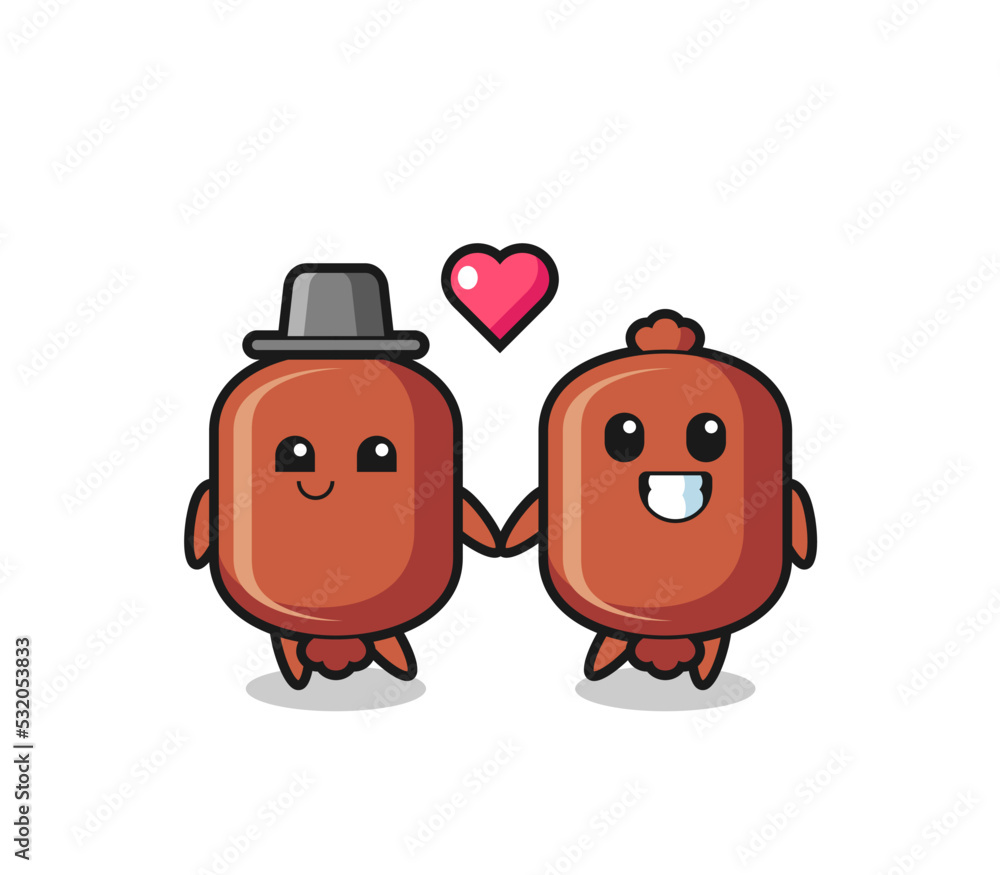 sausage cartoon character couple with fall in love gesture