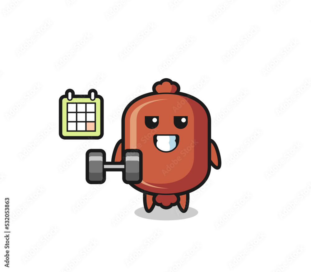 sausage mascot cartoon doing fitness with dumbbell