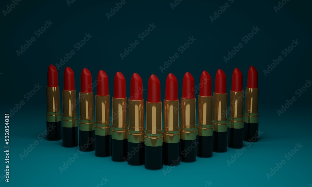 3d illustration, set of red lipstick, gold container, on a blue background, beauty concept, 3d rendering. 3d illustration, set of red lipstick, gold container, on a blue background, beauty concept, 3d rendering.