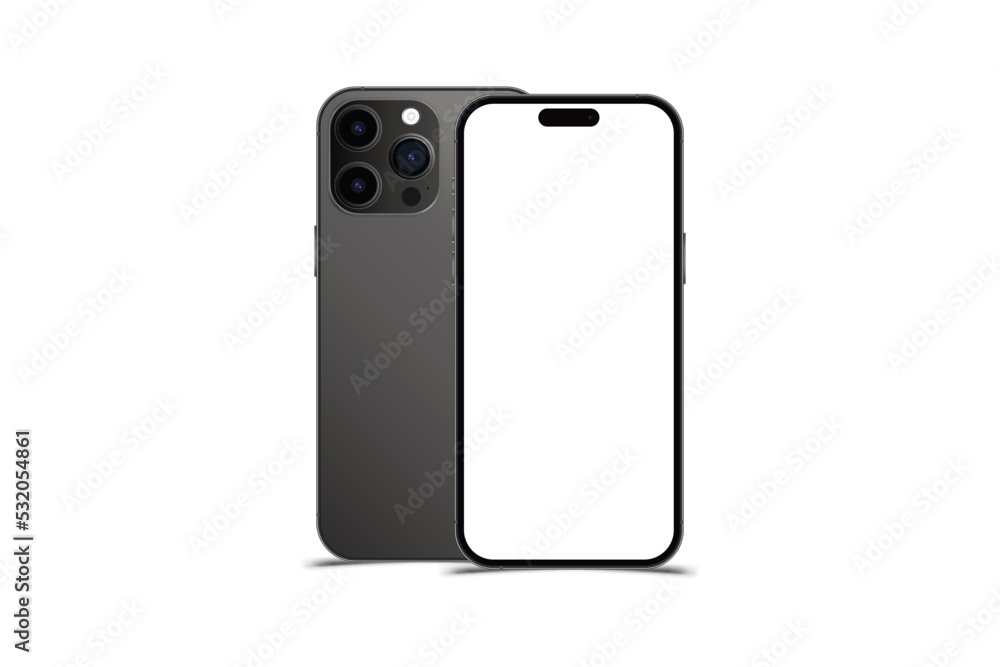 Set Mock-up of realistic Smartphones. Two modern telephones. Front side with screen and back side with cameras isolated on white background with shadow. Flat vector illustration EPS 10. Set Mock-up of realistic Smartphones. Two modern telephones. Front side with screen and back side with cameras isolated on white background with shadow. Flat vector illustration EPS 10.