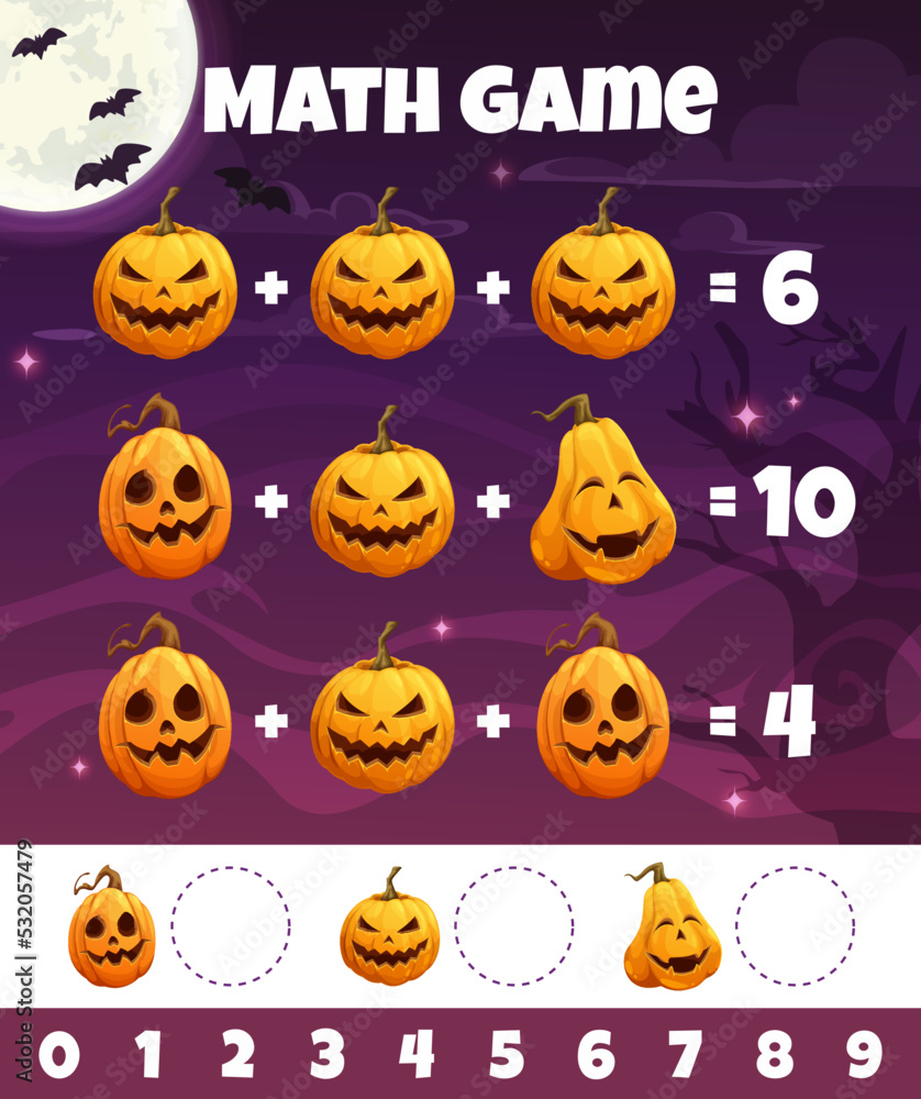 Cartoon Halloween pumpkin lanterns. Math game worksheet. Kids mathematical riddle, child educational addition puzzle or game vector worksheet with Halloween pumpkin Jack o lanterns creepy faces