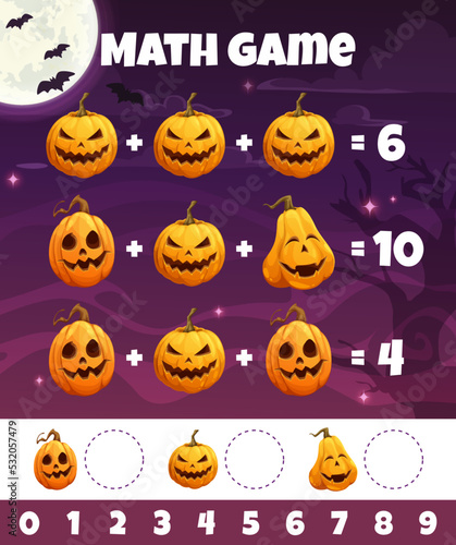 Cartoon Halloween pumpkin lanterns. Math game worksheet. Kids mathematical riddle, child educational addition puzzle or game vector worksheet with Halloween pumpkin Jack o lanterns creepy faces