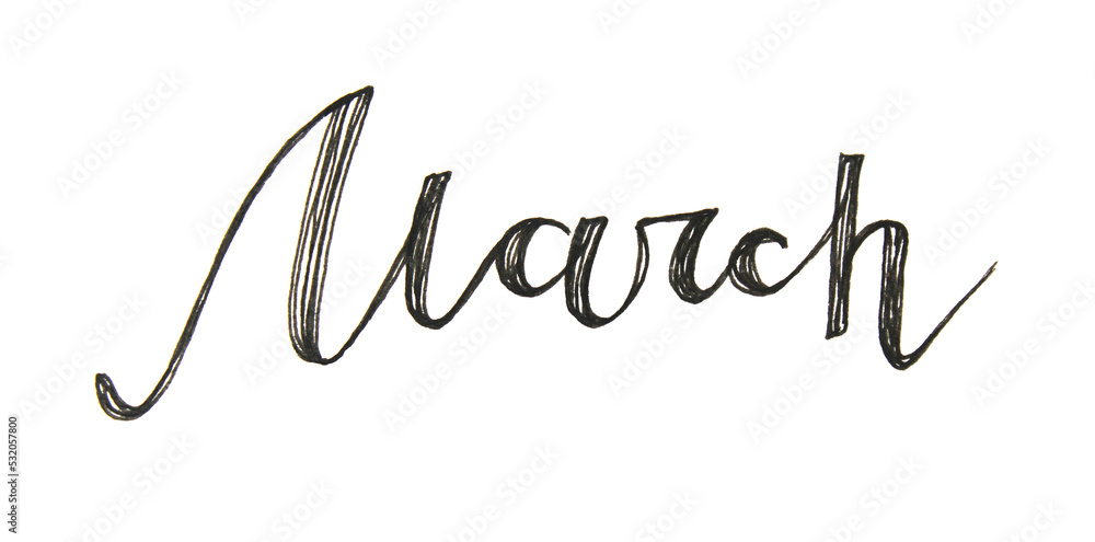 Lettering word March isolated on white background. Text for calendar or notebook. Hand-drawn black marker spring month. Creative clipart for sketchbook or daily planner Lettering word March isolated on white background. Text for calendar or notebook. Hand-drawn black marker spring month. Creative clipart for sketchbook or daily planner