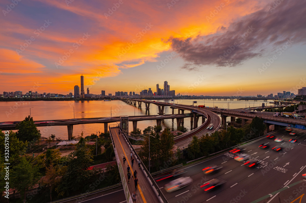 Traffic and Sunset at seoul city and Downtown skyline in Seoul, South Korea.
