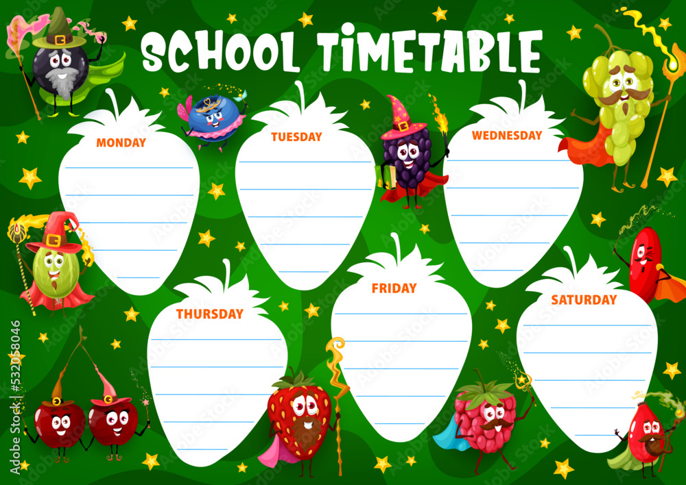 School timetable schedule. Cartoon berry wizards, fairy and mages ...