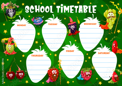 School timetable schedule. Cartoon berry wizards, fairy and mages characters. Kids lessons organizer, weekly schedule or planner with blackcurrant, blueberry and grape, gooseberry, raspberry wizards