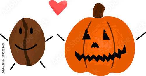 Coffee bean and pumpkin jack-o'-lantern clipart representing pumpkin spice coffee beverages.