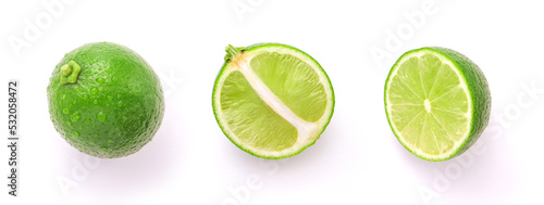 Lime has water drop with half slice collection isolated on white background.