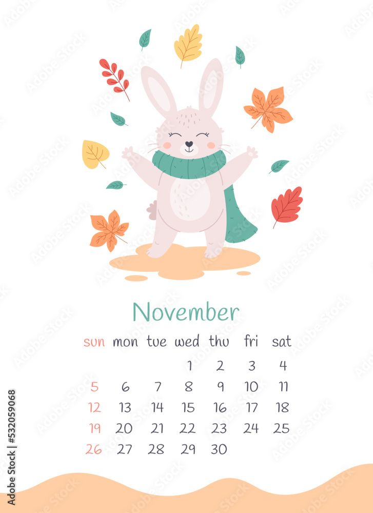 November 2023 calendar. Cute bunny in scarf with autumn leaves. Hello autumn. The year of the Rabbit, bunny symbol of 2023. Week starts on Sunday. Vector illustration November 2023 calendar. Cute bunny in scarf with autumn leaves. Hello autumn. The year of the Rabbit, bunny symbol of 2023. Week starts on Sunday. Vector illustration