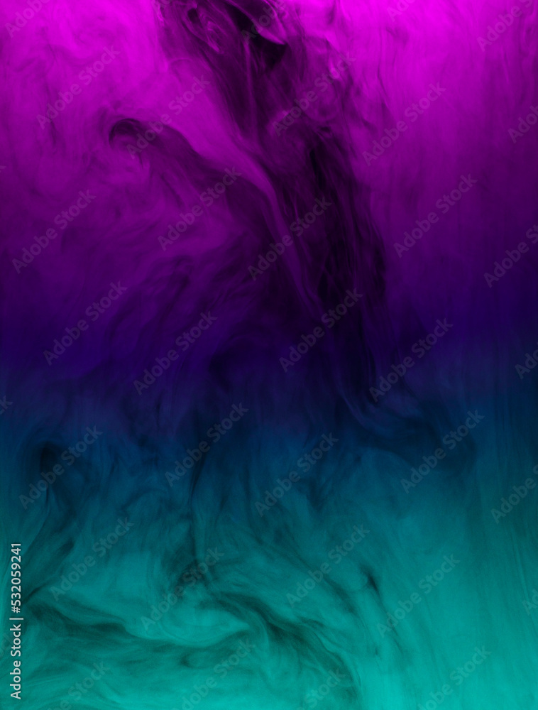 swirling clouds of purple and turquoise smoke randomly mix on a black background