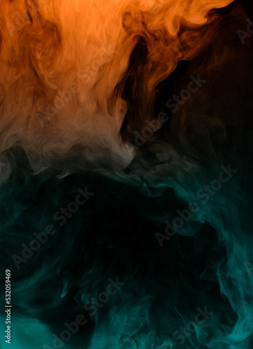 swirling clouds of turquoise and orange smoke randomly mix on a black background © Александр 