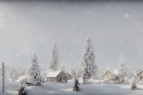 Snowy landscape with wooden...