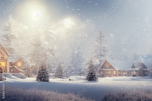 Snowy landscape with wooden...
