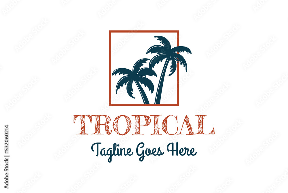 Simple Minimalist Square frame with Coconut Palm Trees for Tropical Beach Logo Design