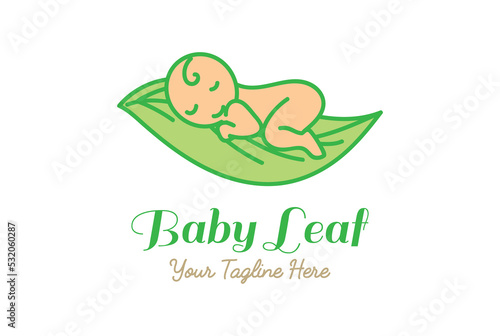 Adorable Cute Funny Baby Sleeping on Leaf Plant Tree Logo Design Vector