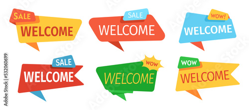 Welcome banner tag template set. Advertising offer discount sale sign banner, promotion background. Super sale, discount mockup collection. Isolated vector illustration