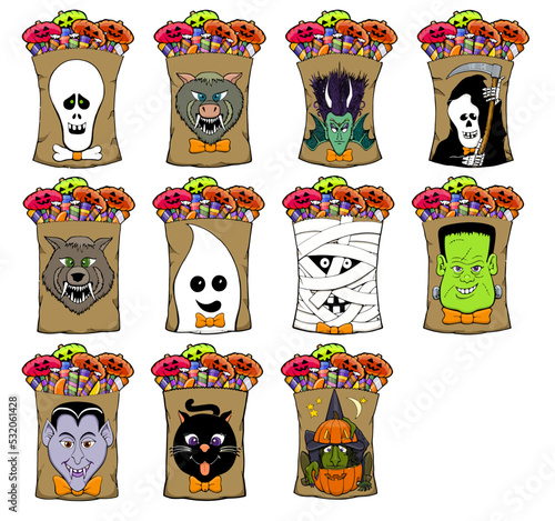 halloween monster faces on halloween candy sack
