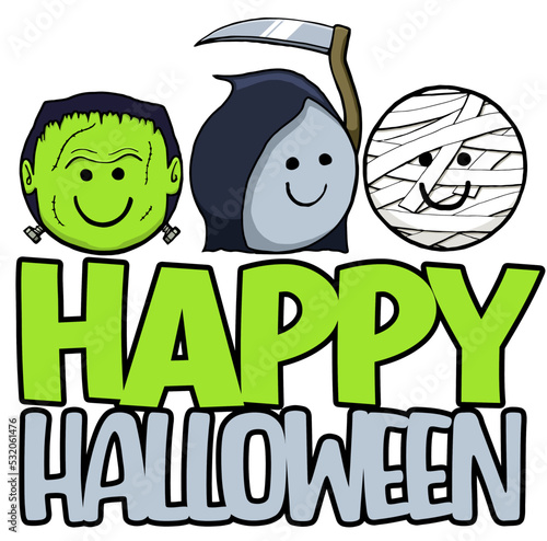 happy halloween with smiley face monsters