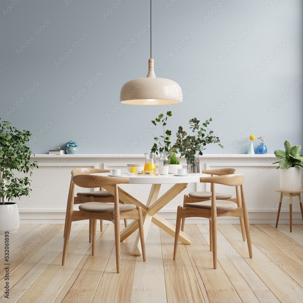 Modern dining room interior design with blue wall. Stock Illustration