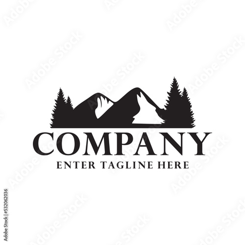 mountain logo vector design with tree silhouette, nature symbol, travel and camping