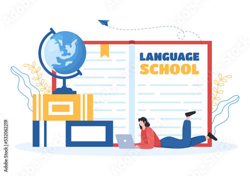 Language School Template Hand Drawn Cartoon Flat Illustration of Online Learning, Courses, Training Program and Study Foreign Languages Abroad