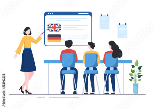 Language School Template Hand Drawn Cartoon Flat Illustration of Online Learning, Courses, Training Program and Study Foreign Languages Abroad
