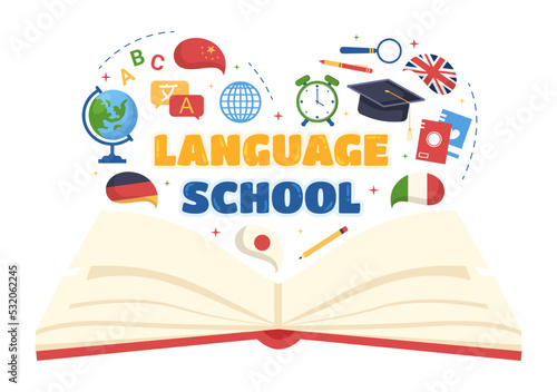 Language School Template Hand Drawn Cartoon Flat Illustration of Online Learning, Courses, Training Program and Study Foreign Languages Abroad