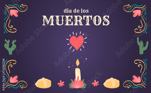 Dia de los muertos. Horizontal banner with ofrenda traditional altar with candle and pan de muertos. Floral decoration and cactus. Mexican holiday Day of the dead. Vector flat hand drawn illustration.